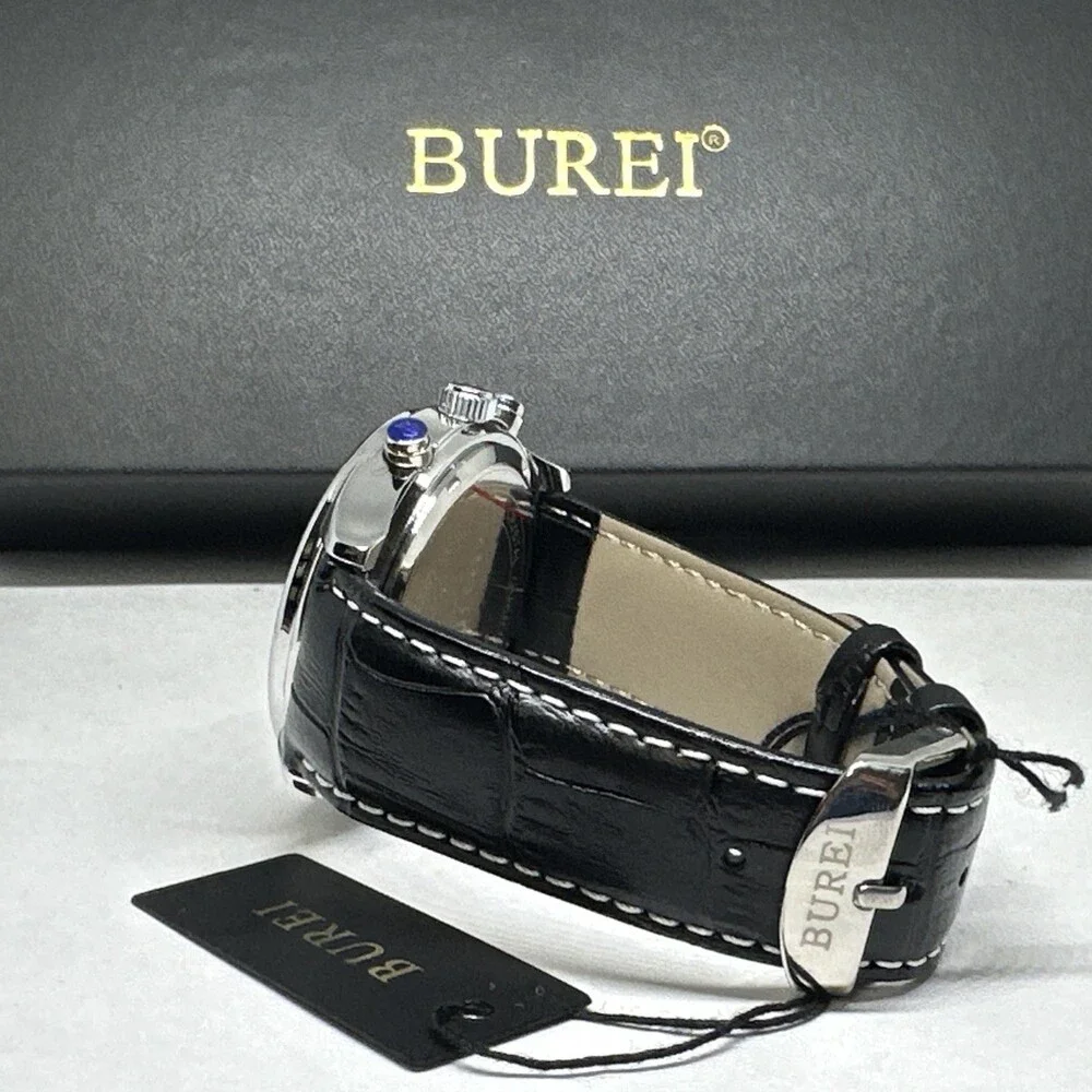 Burei S-17005M Men's Black Leather Strap Analog Dial Quartz Wrist Watch XOB29